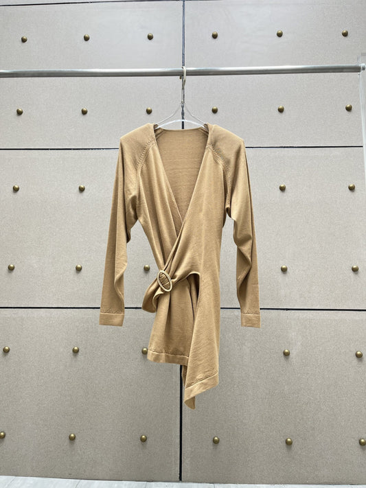 Women Temperament Irregular Buckle Collect Waist V-Neck Long Sleeve Knitted Dress